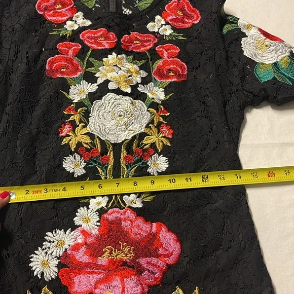Embroidered Flowers Lace Luxury 3/4 Sleeve Midi Black lined Dress Back and front